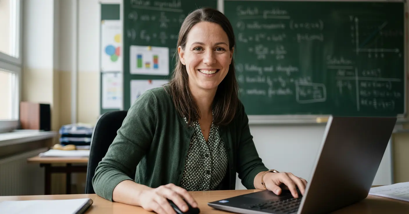 Smiling teacher using a computer, looking directly at the camera
